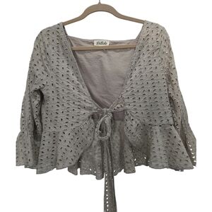 Listicle Womans Eyelet Lace Tie Front Crop Top, Large